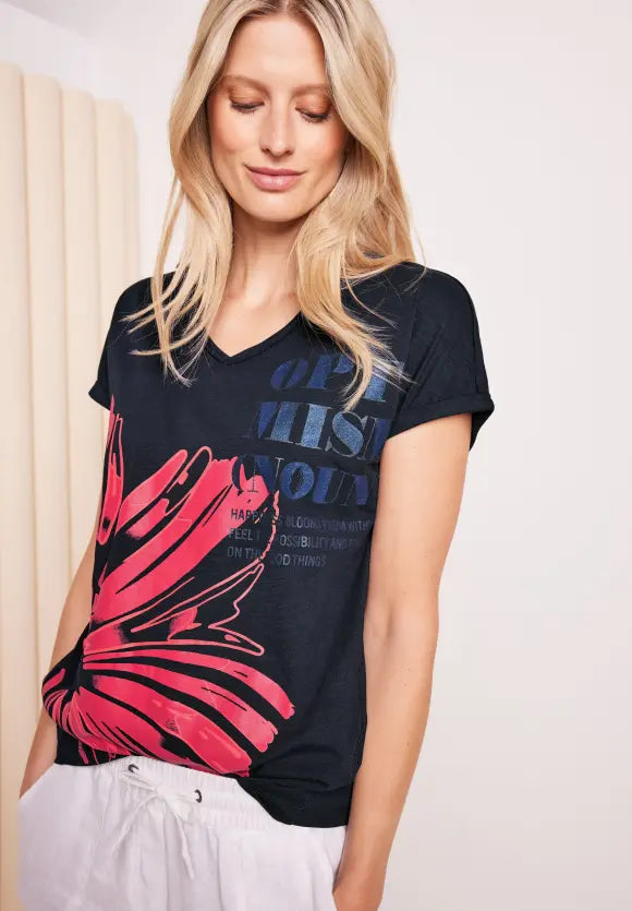 319618- V-neck printed deep blue T-shirt- Cecil