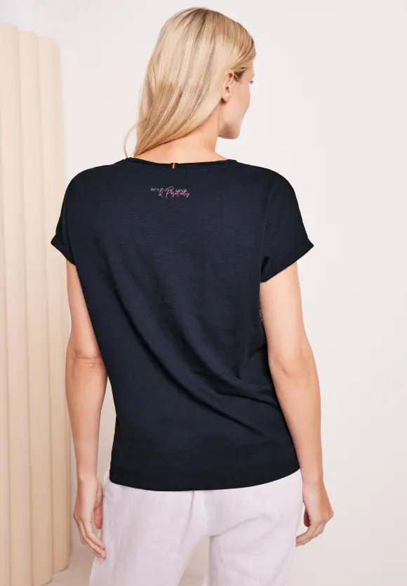 319618- V-neck printed deep blue T-shirt- Cecil