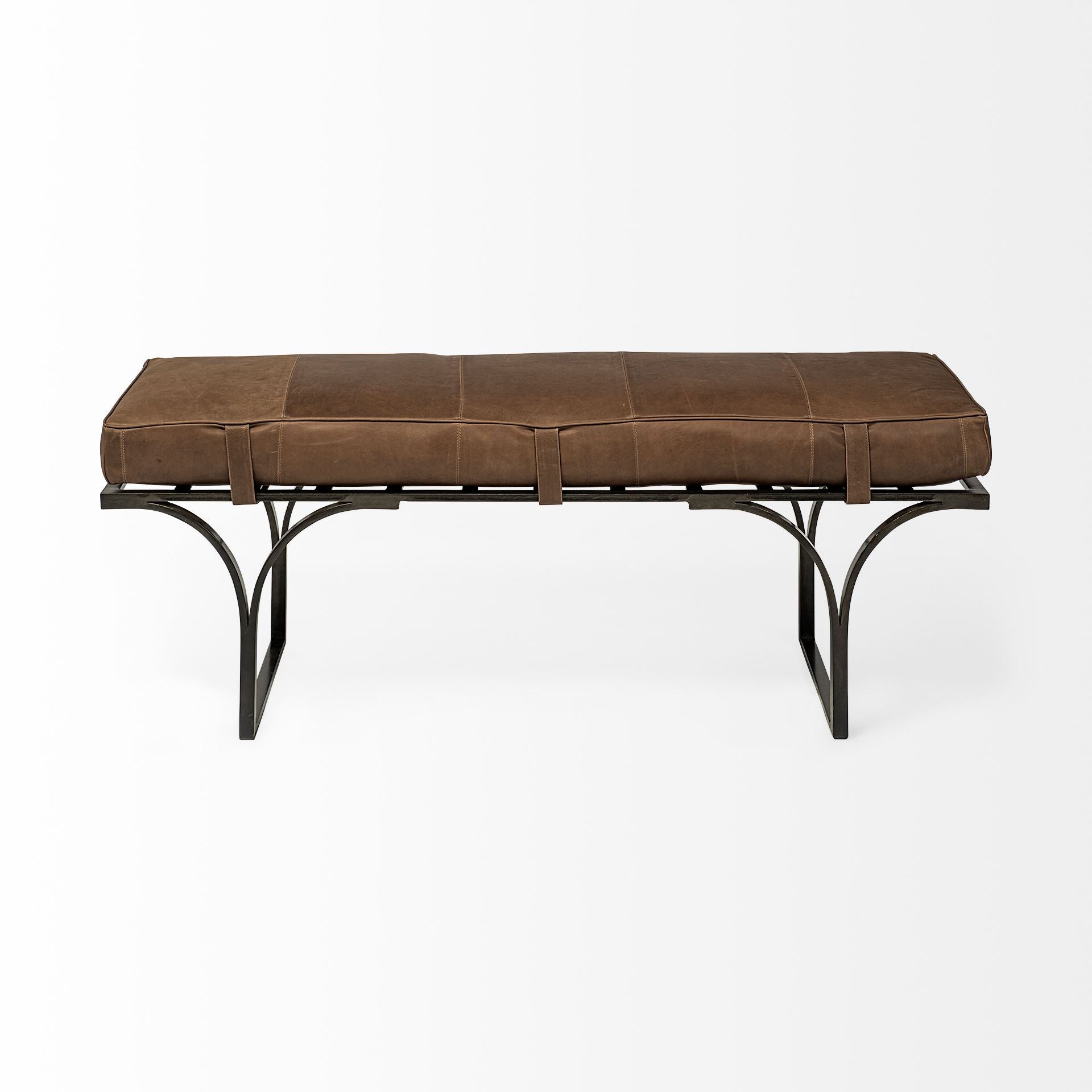 55 Brown and Black Upholstered Genuine Leather Bench