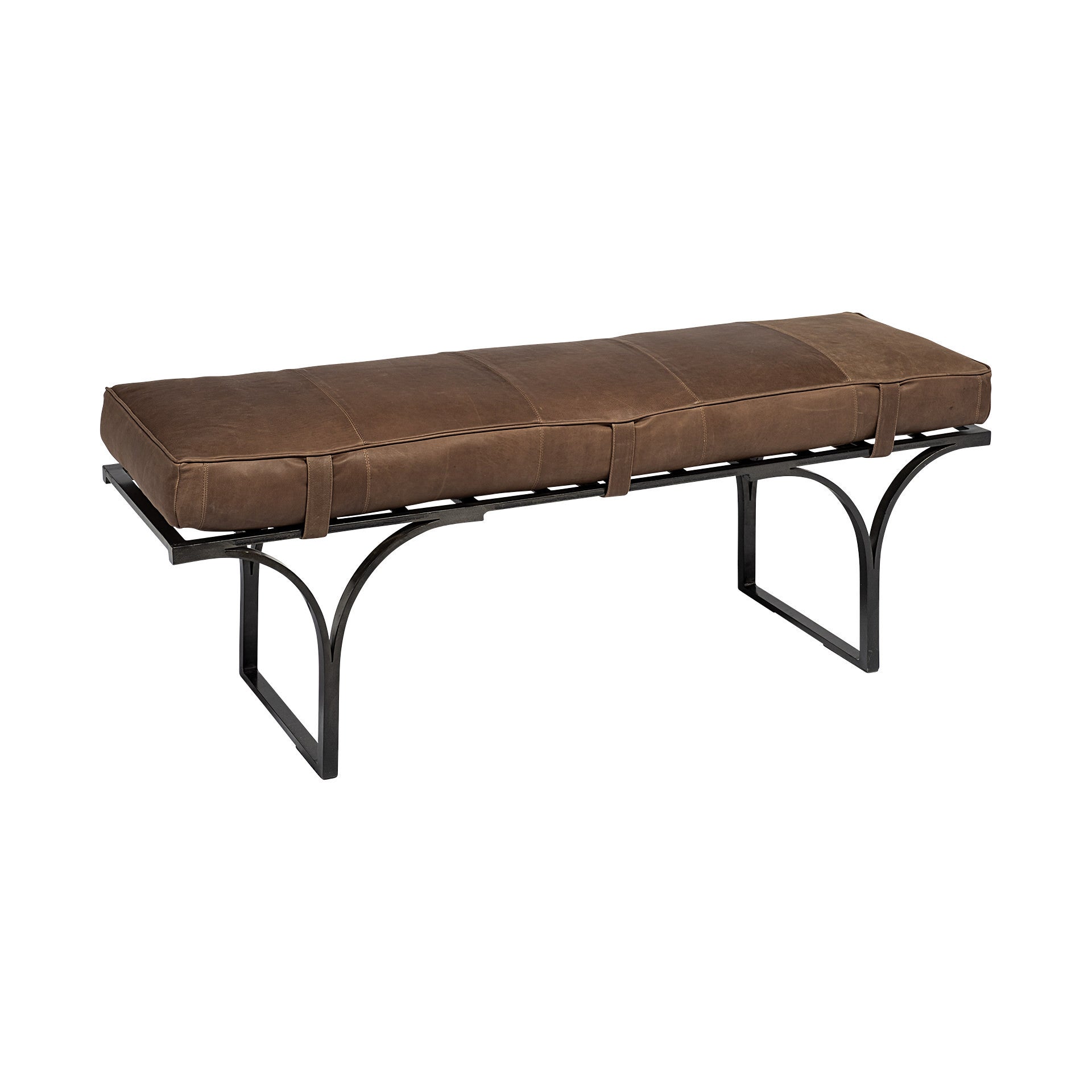 55 Brown and Black Upholstered Genuine Leather Bench