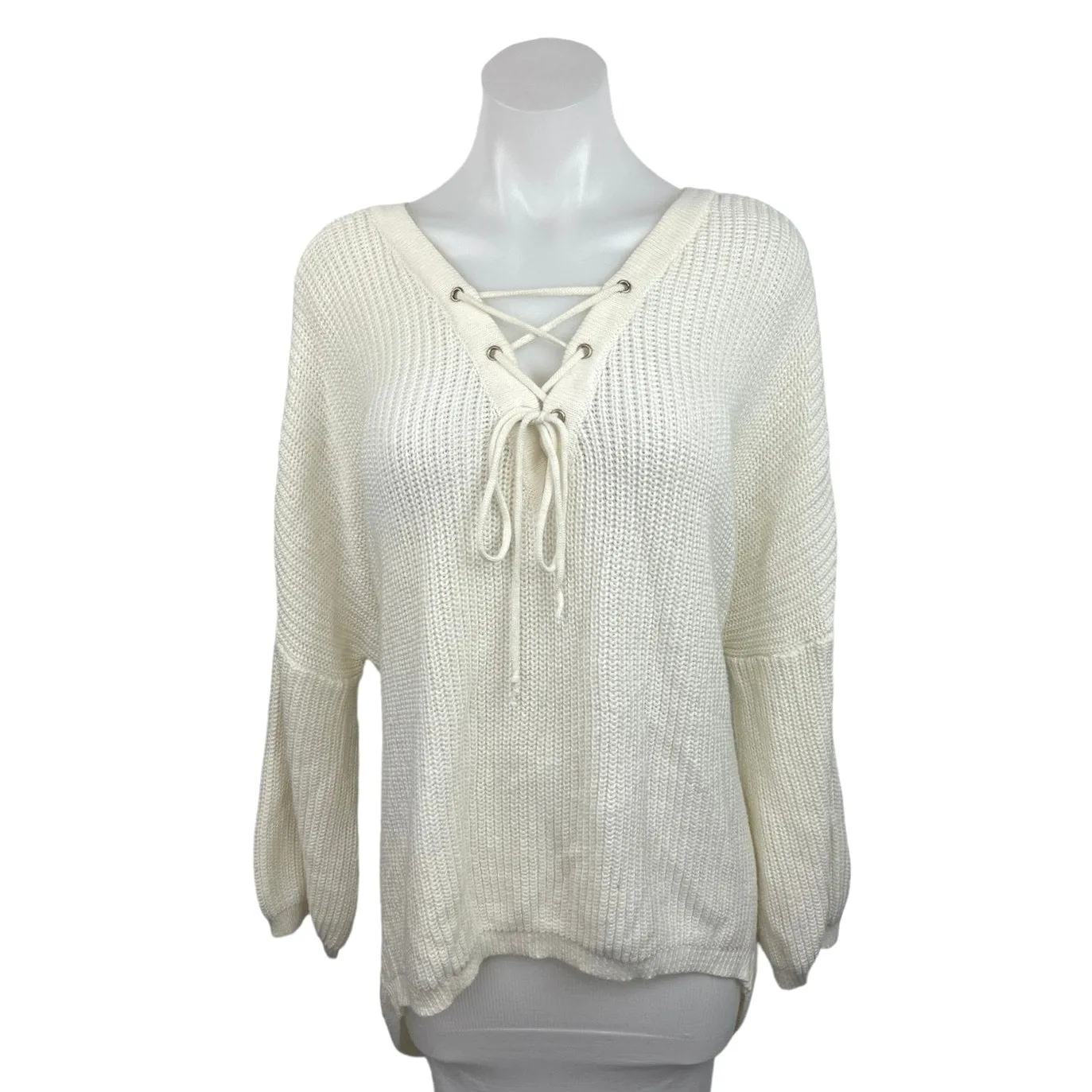 Altar'd State Cream Knit V Neck Lace Up Oversized Hi Low Sweater Top Size M