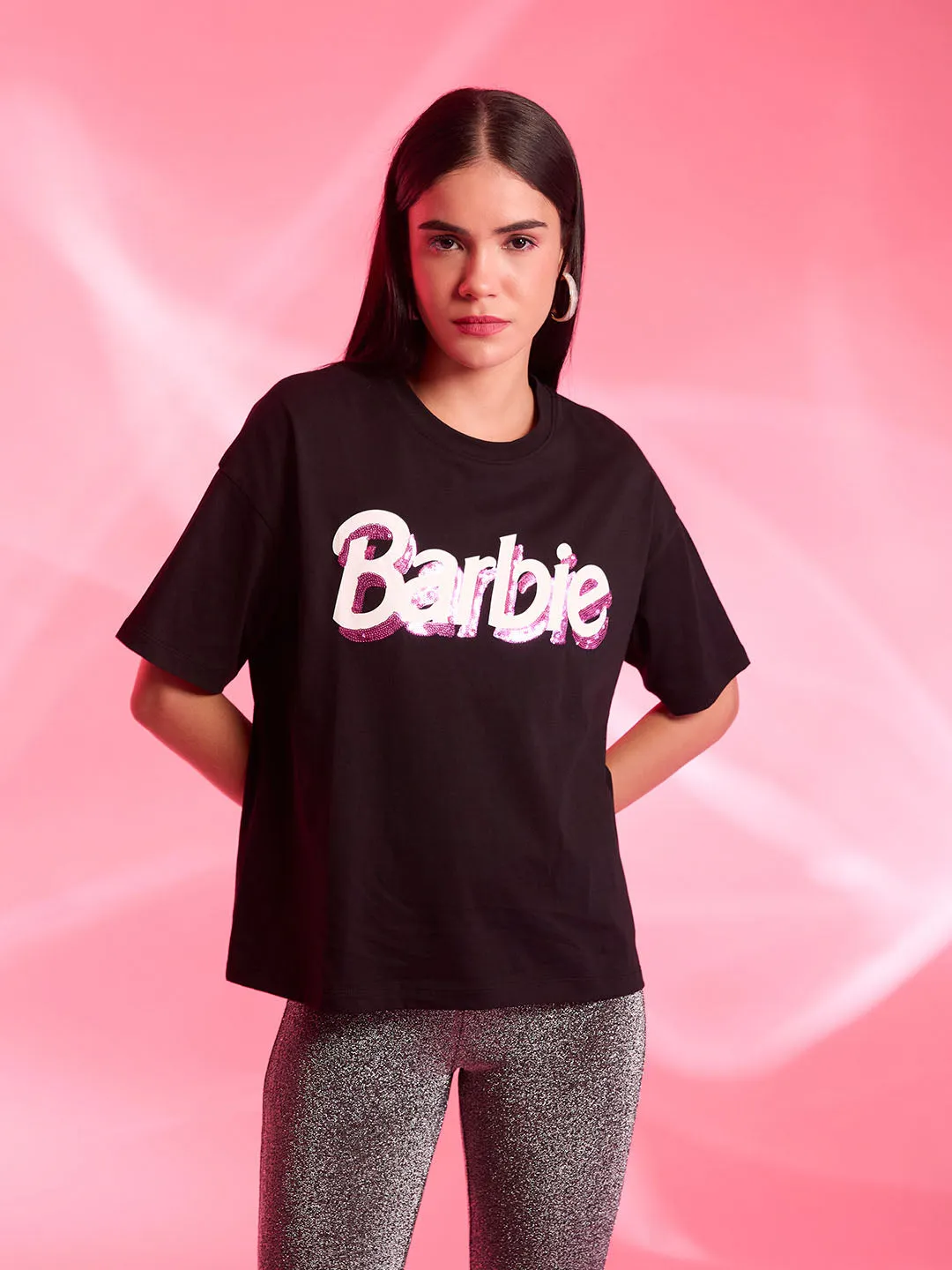 Barbie Mattel Logo Printed T-Shirt With Sequin Work