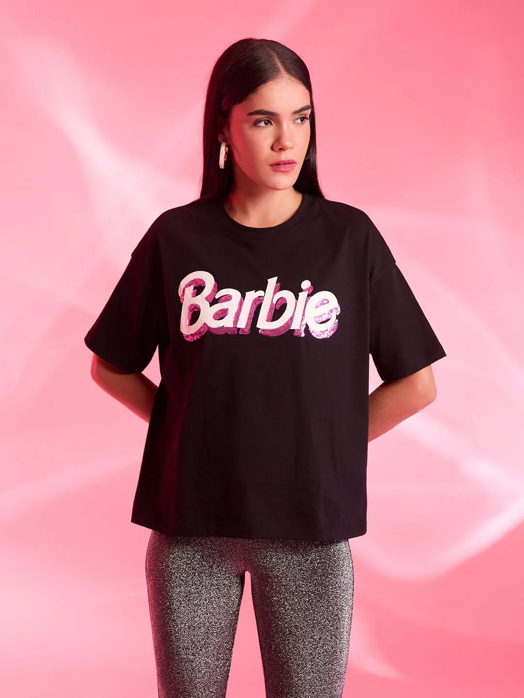 Barbie Mattel Logo Printed T-Shirt With Sequin Work