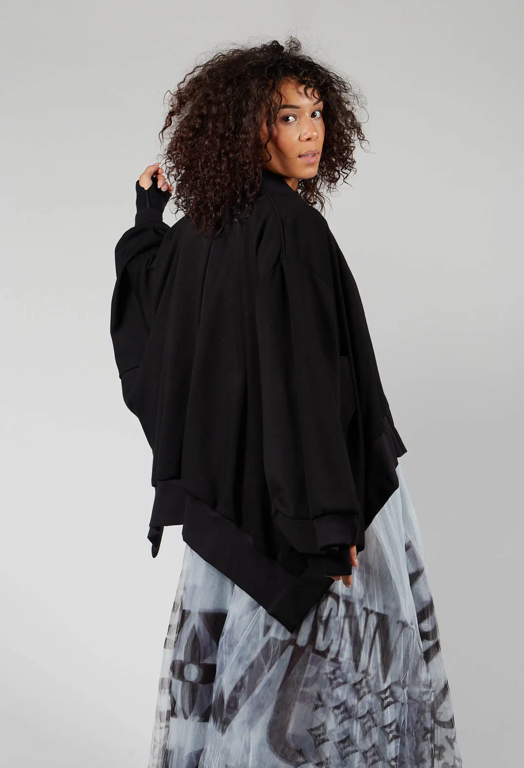 Batwing Sleeved Jacket with Asymmetric Hem in Black