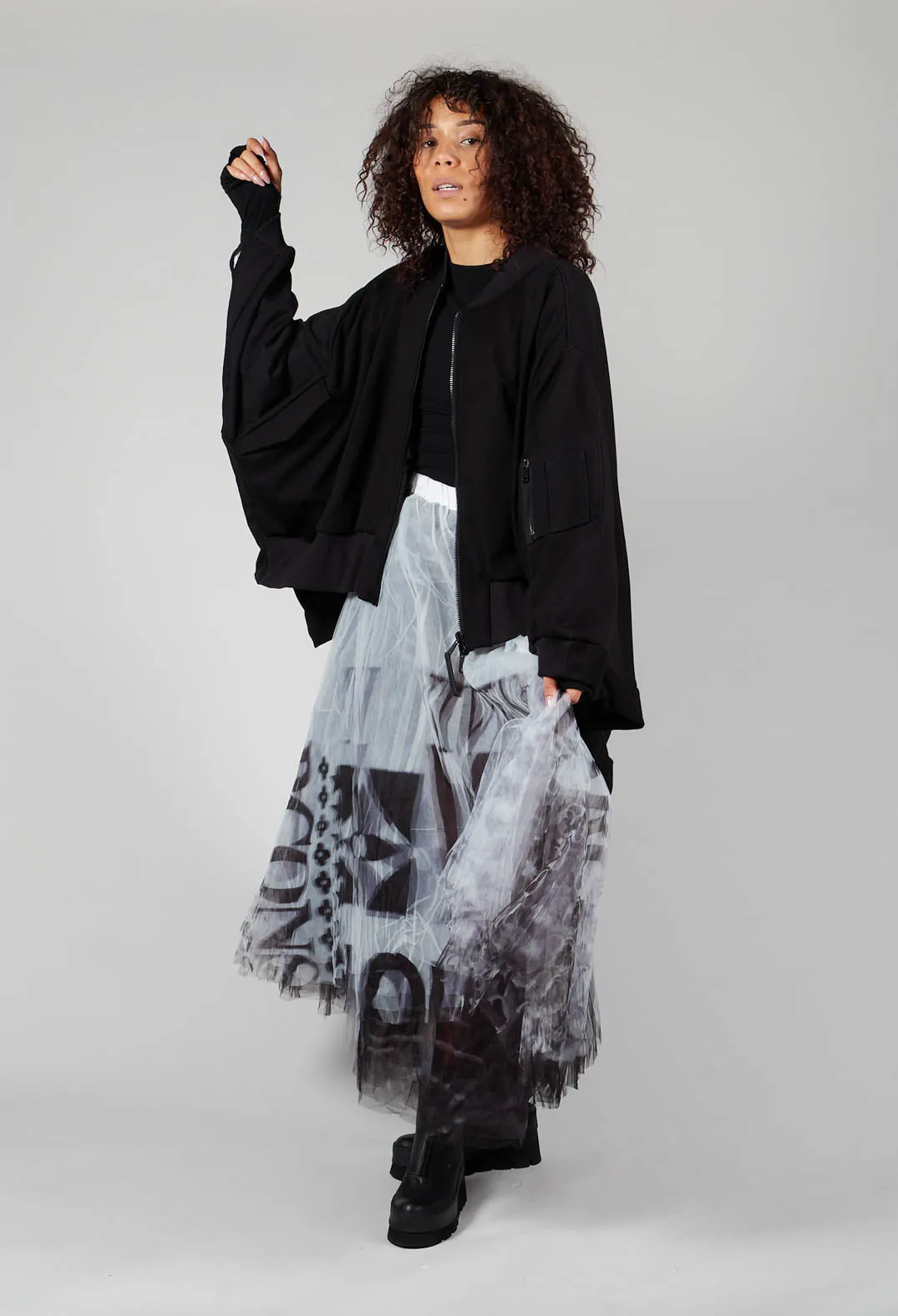 Batwing Sleeved Jacket with Asymmetric Hem in Black