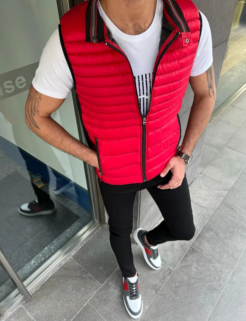 Benson Slim Fit Zippered Red Puffer Vest Jacket