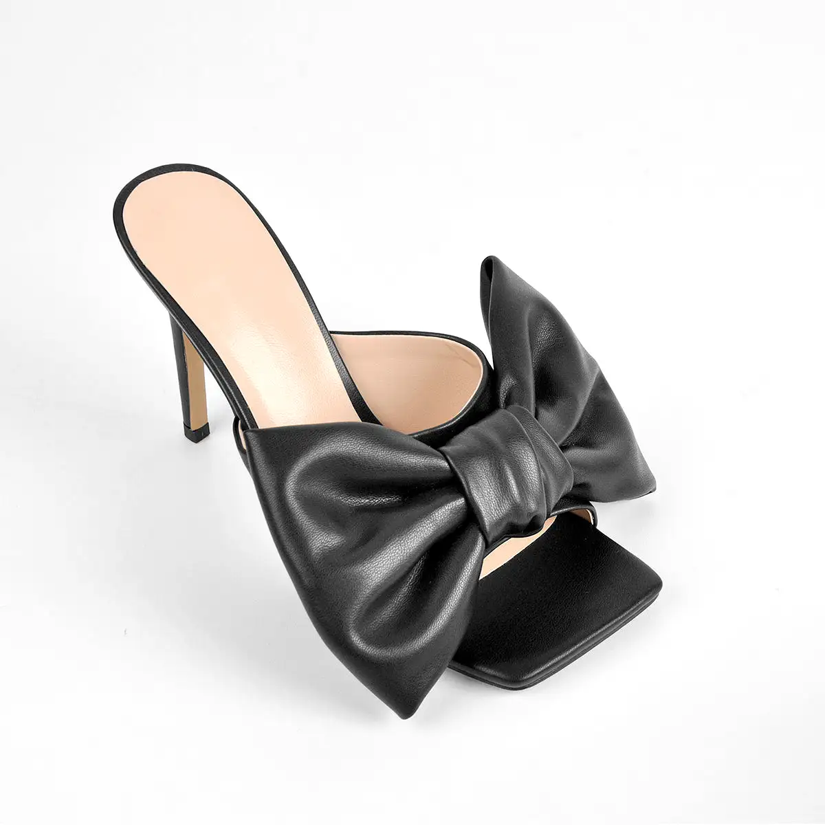 Black Bow Leather Square Toe High Stiletto Heels Sandals