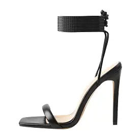 Black Square Toe Stilettos High Heel Sandals