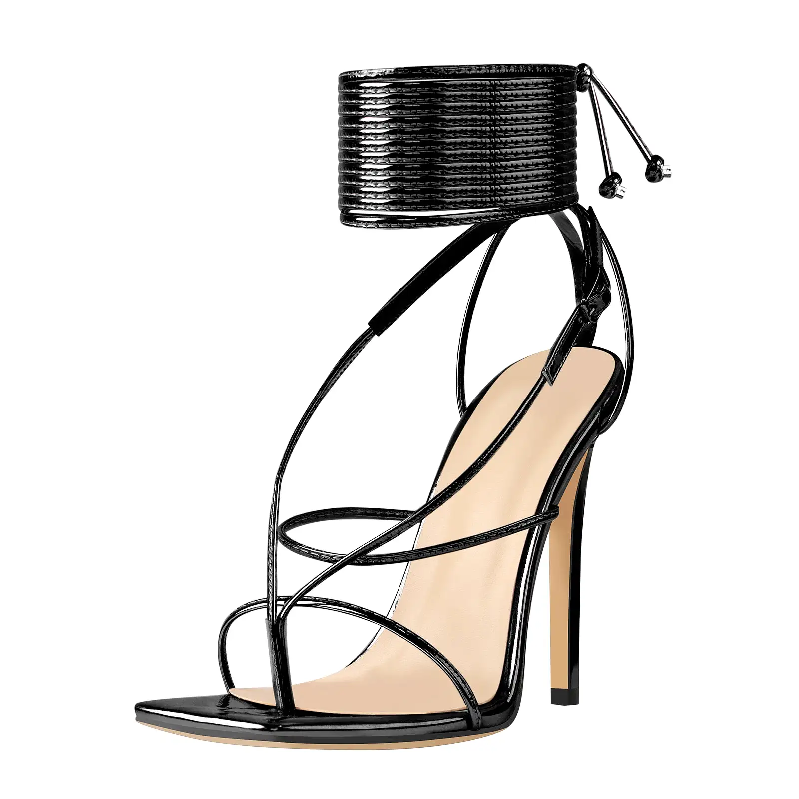 Black Square Toe Strap High Heel Stiletto Sandals