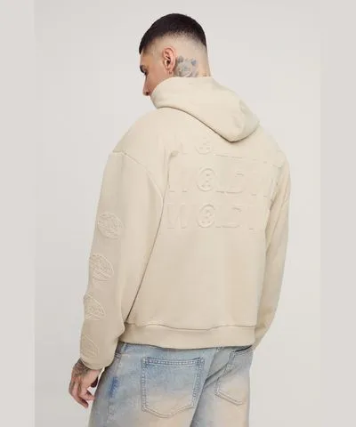 boohooMAN Mens Tall Oversized Boxy WRLDWD Embossed Sleeve Hoodie