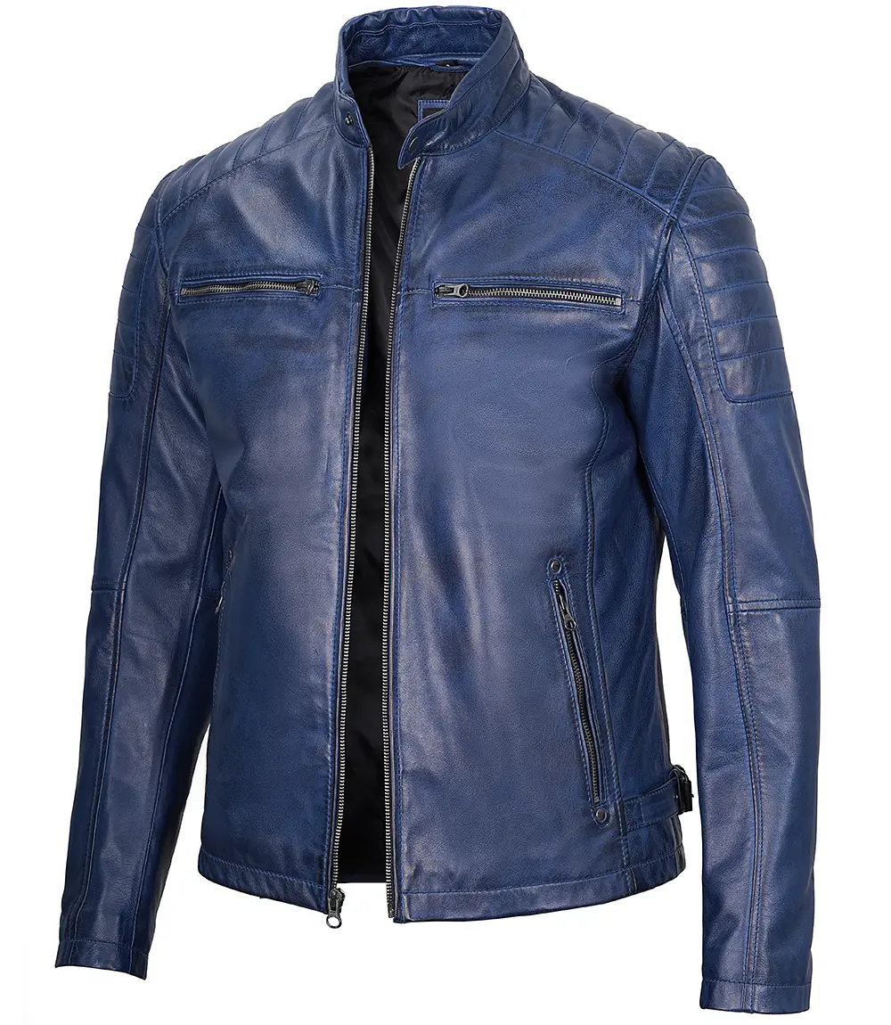 Cafe Racer Blue Leather Jacket for Men