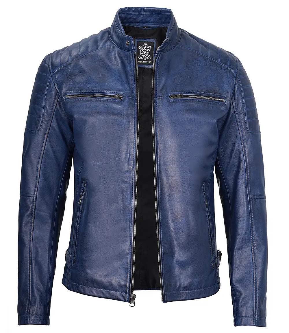 Cafe Racer Blue Leather Jacket for Men