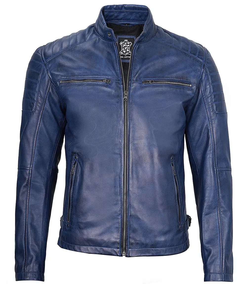 Cafe Racer Blue Leather Jacket for Men