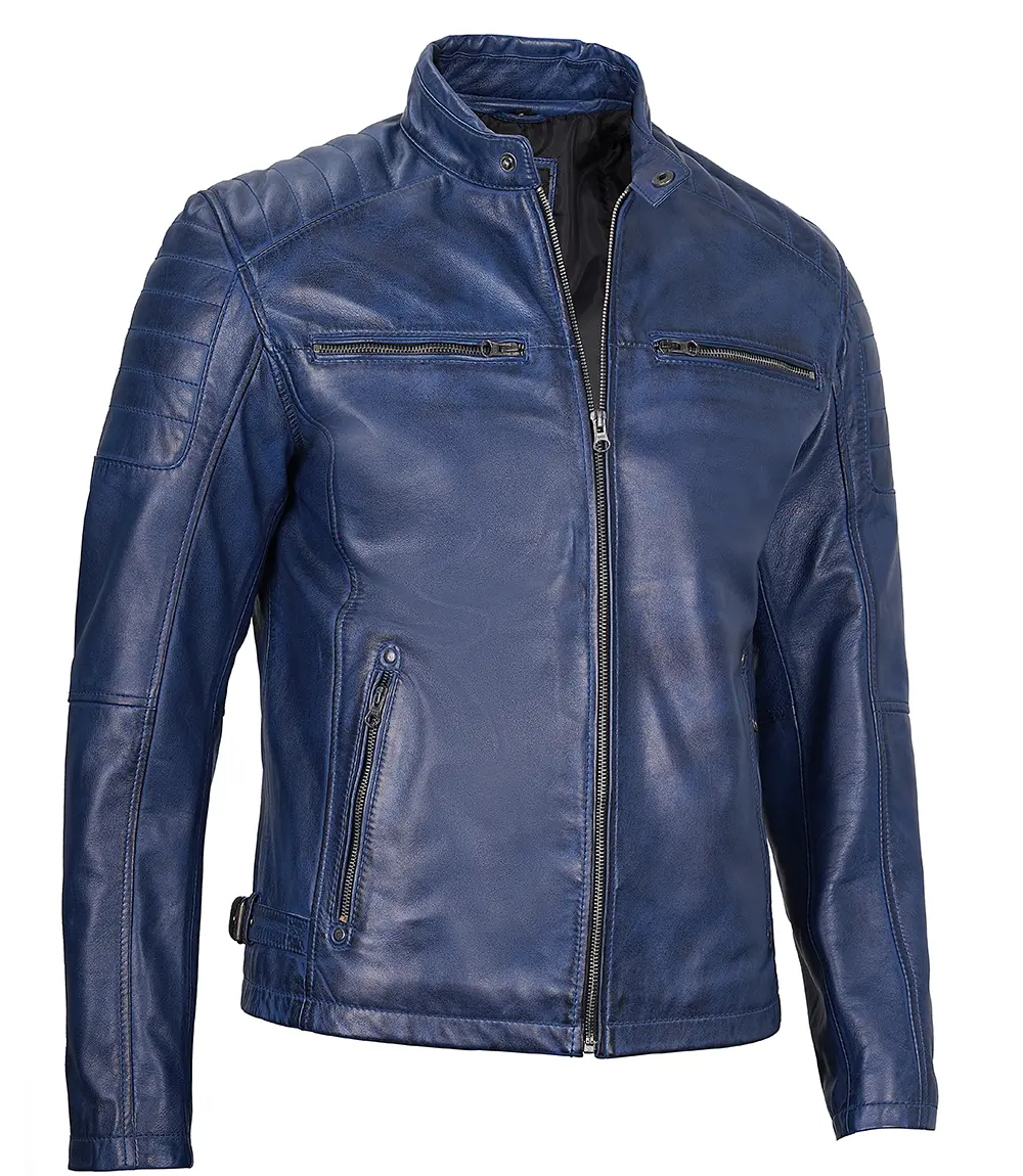 Cafe Racer Blue Leather Jacket for Men