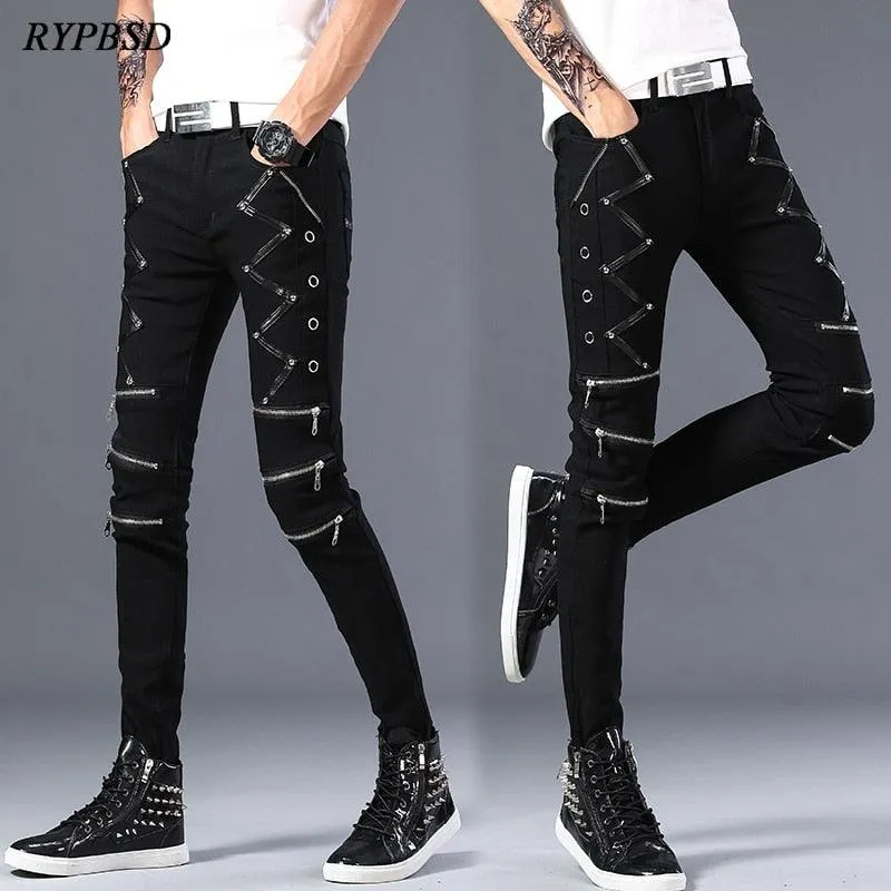 Casual Gothic Streetwear Slim Jeans with Leather Patchwork and Zipper Detailing