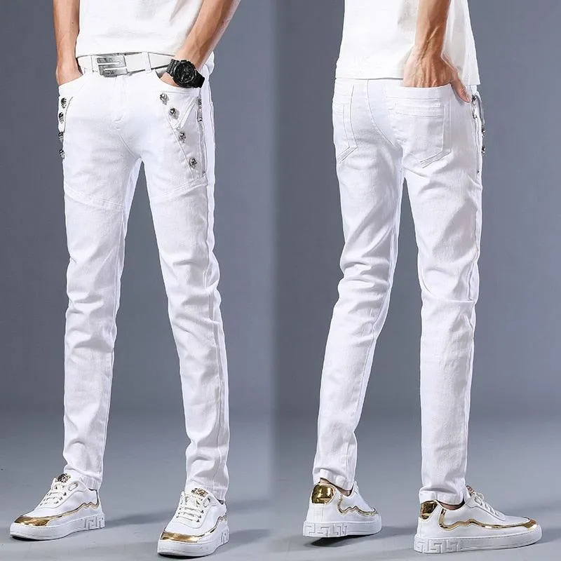 Casual Gothic Streetwear Slim Jeans with Leather Patchwork and Zipper Detailing