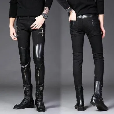 Casual Gothic Streetwear Slim Jeans with Leather Patchwork and Zipper Detailing