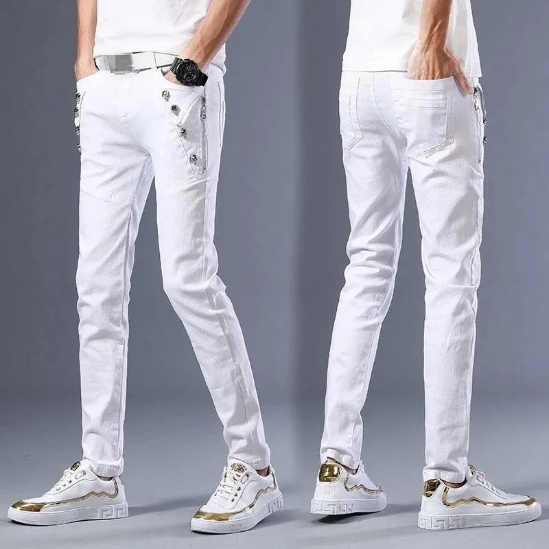 Casual Gothic Streetwear Slim Jeans with Leather Patchwork and Zipper Detailing