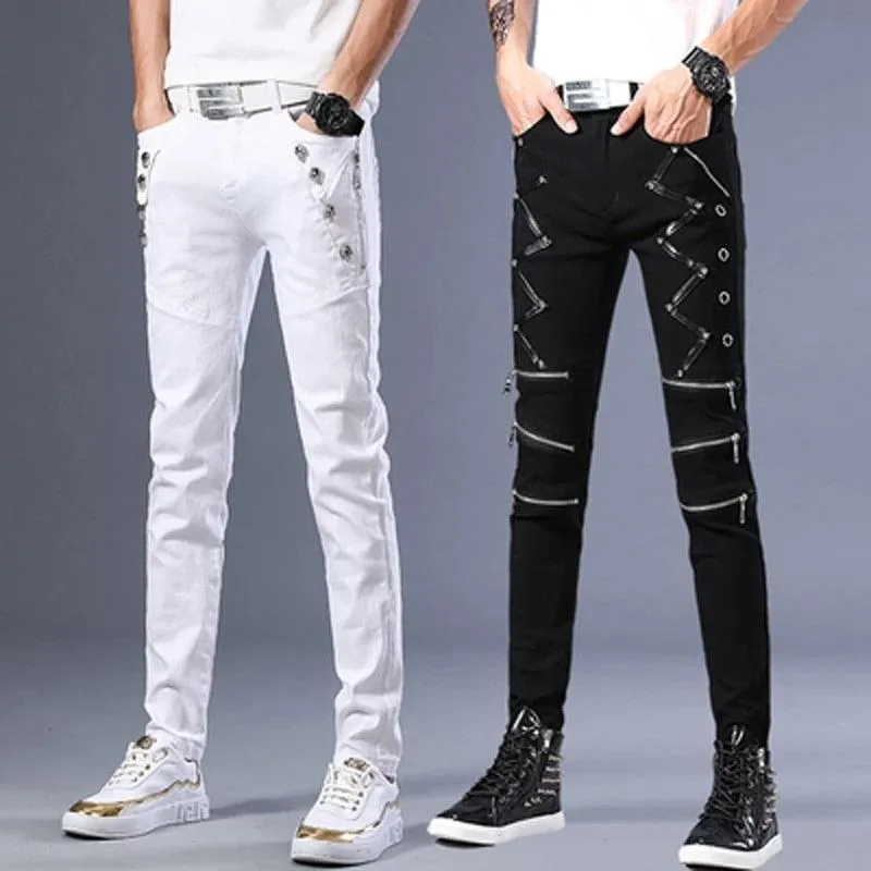 Casual Gothic Streetwear Slim Jeans with Leather Patchwork and Zipper Detailing