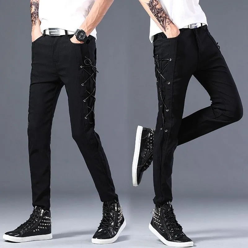 Casual Gothic Streetwear Slim Jeans with Leather Patchwork and Zipper Detailing