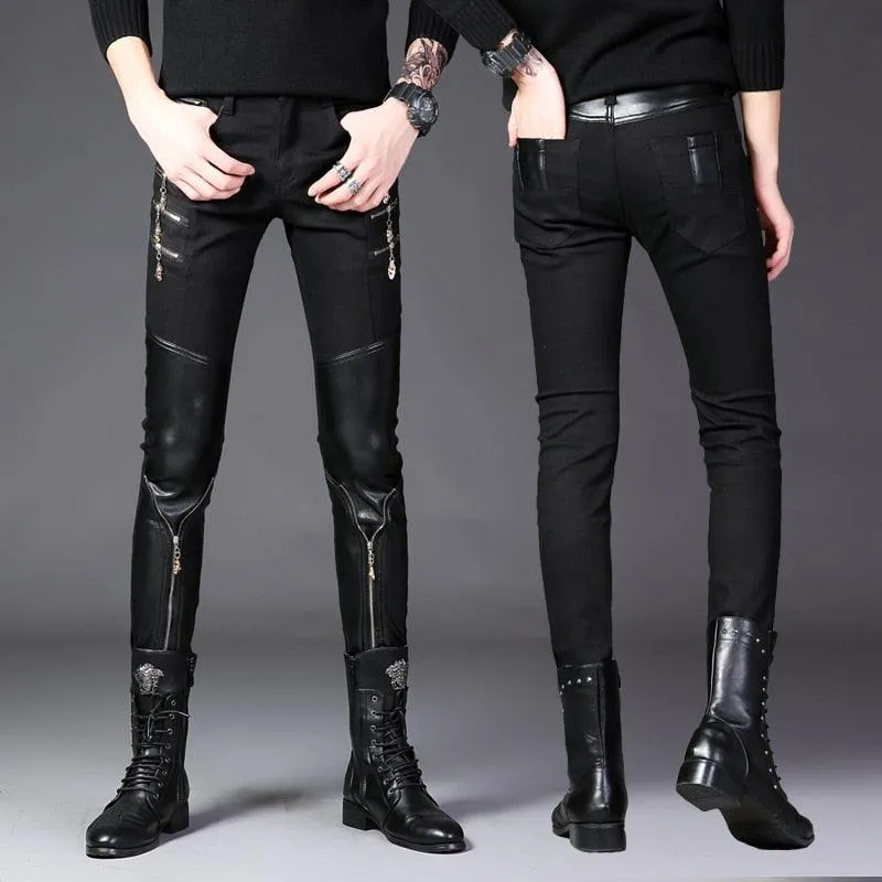 Casual Gothic Streetwear Slim Jeans with Leather Patchwork and Zipper Detailing