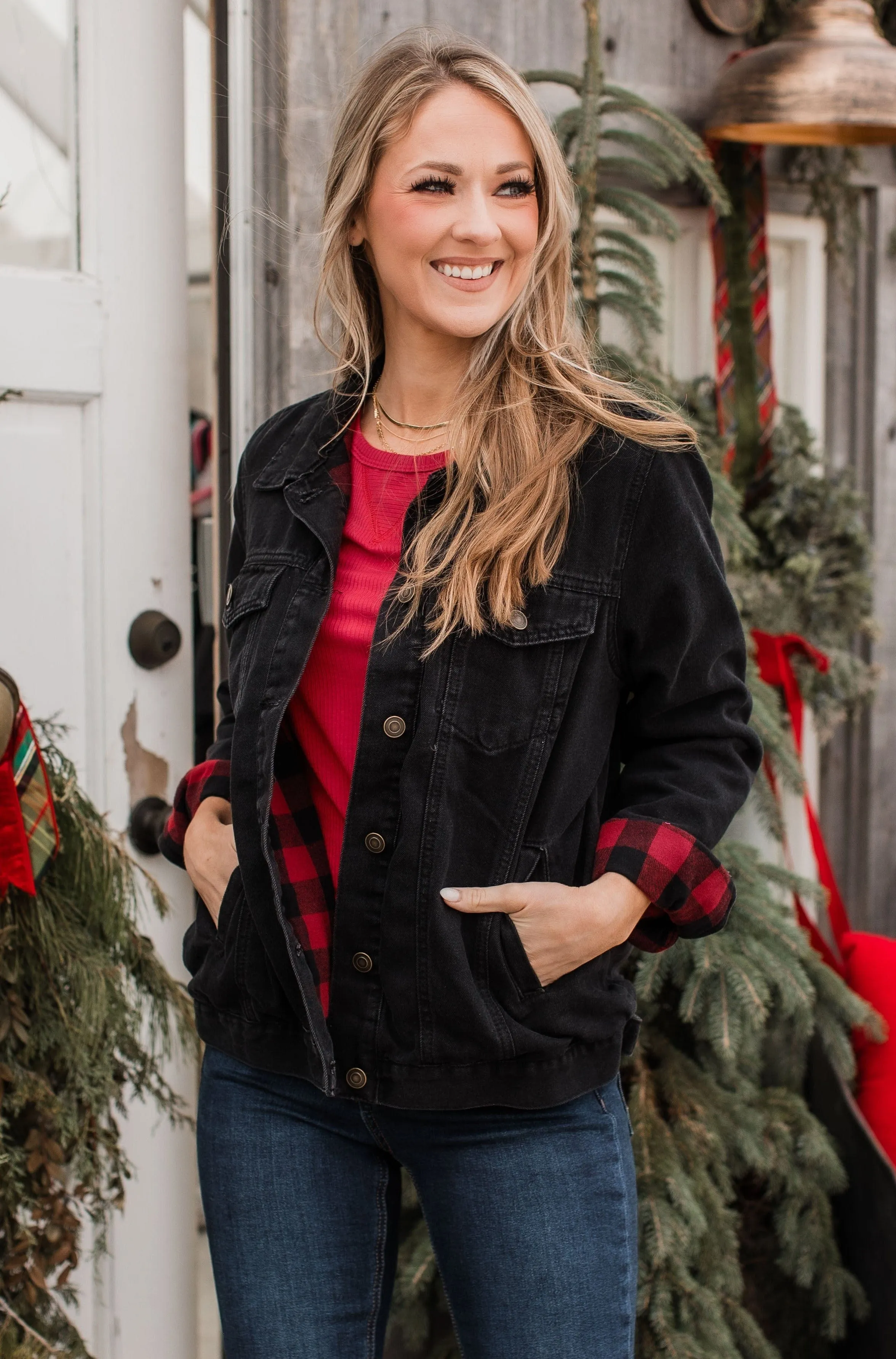 Change Of Seasons Denim Jacket- Black & Buffalo Plaid