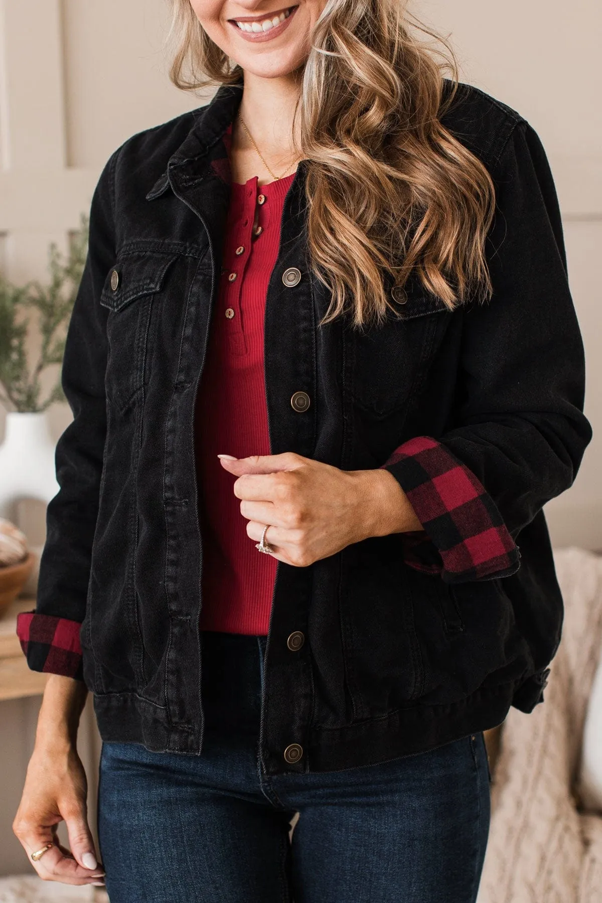 Change Of Seasons Denim Jacket- Black & Buffalo Plaid