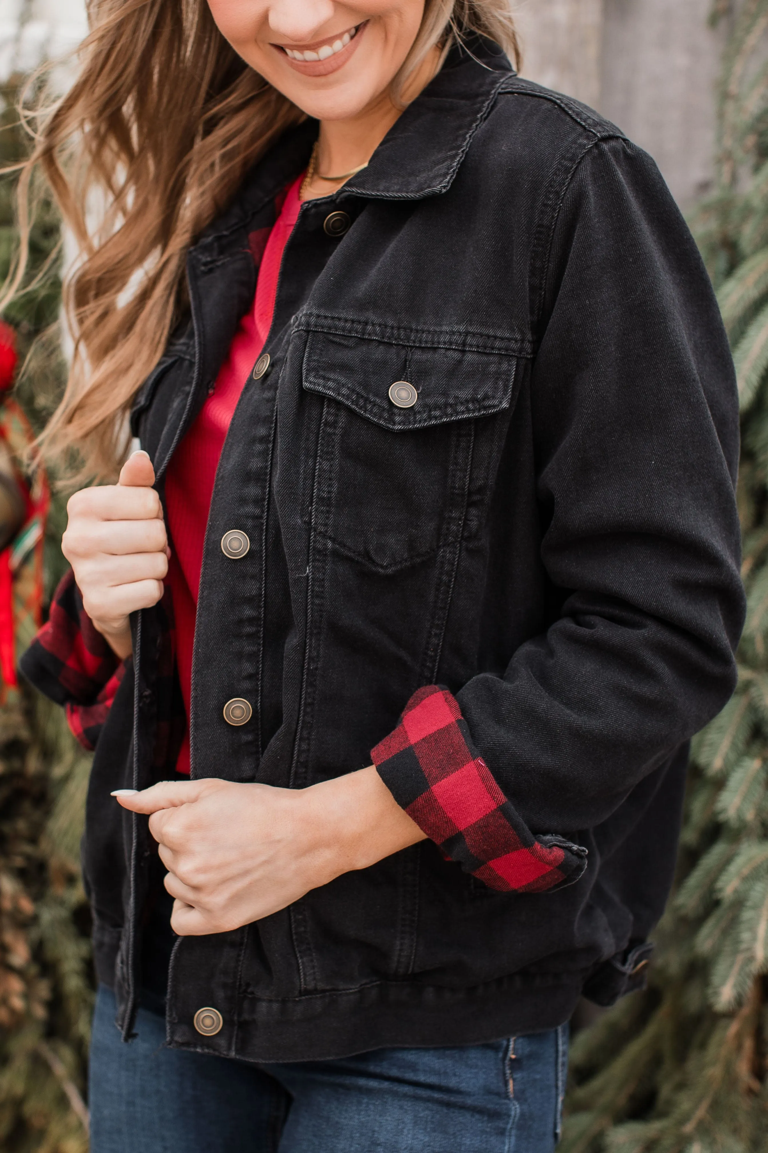 Change Of Seasons Denim Jacket- Black & Buffalo Plaid