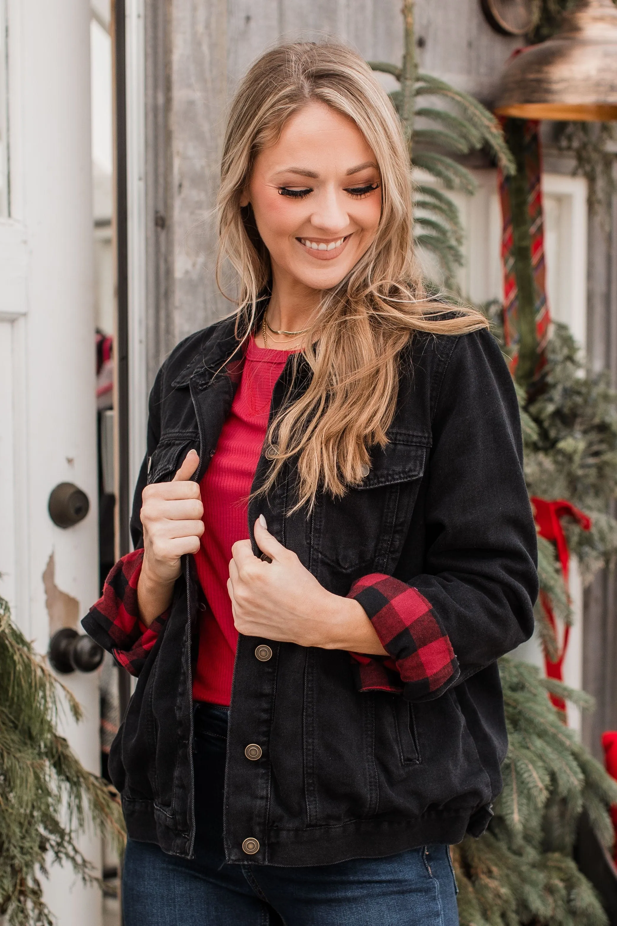 Change Of Seasons Denim Jacket- Black & Buffalo Plaid