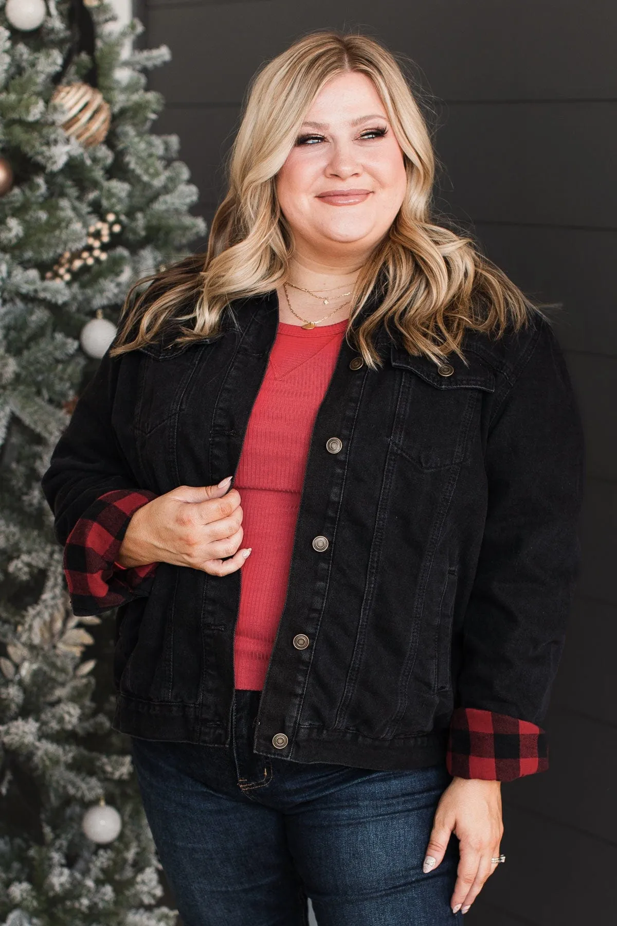 Change Of Seasons Denim Jacket- Black & Buffalo Plaid