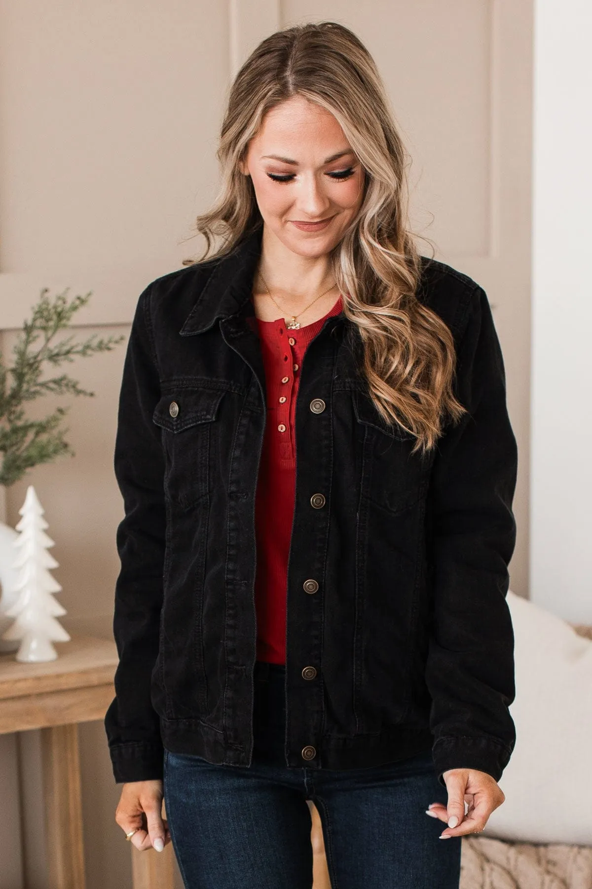 Change Of Seasons Denim Jacket- Black & Buffalo Plaid