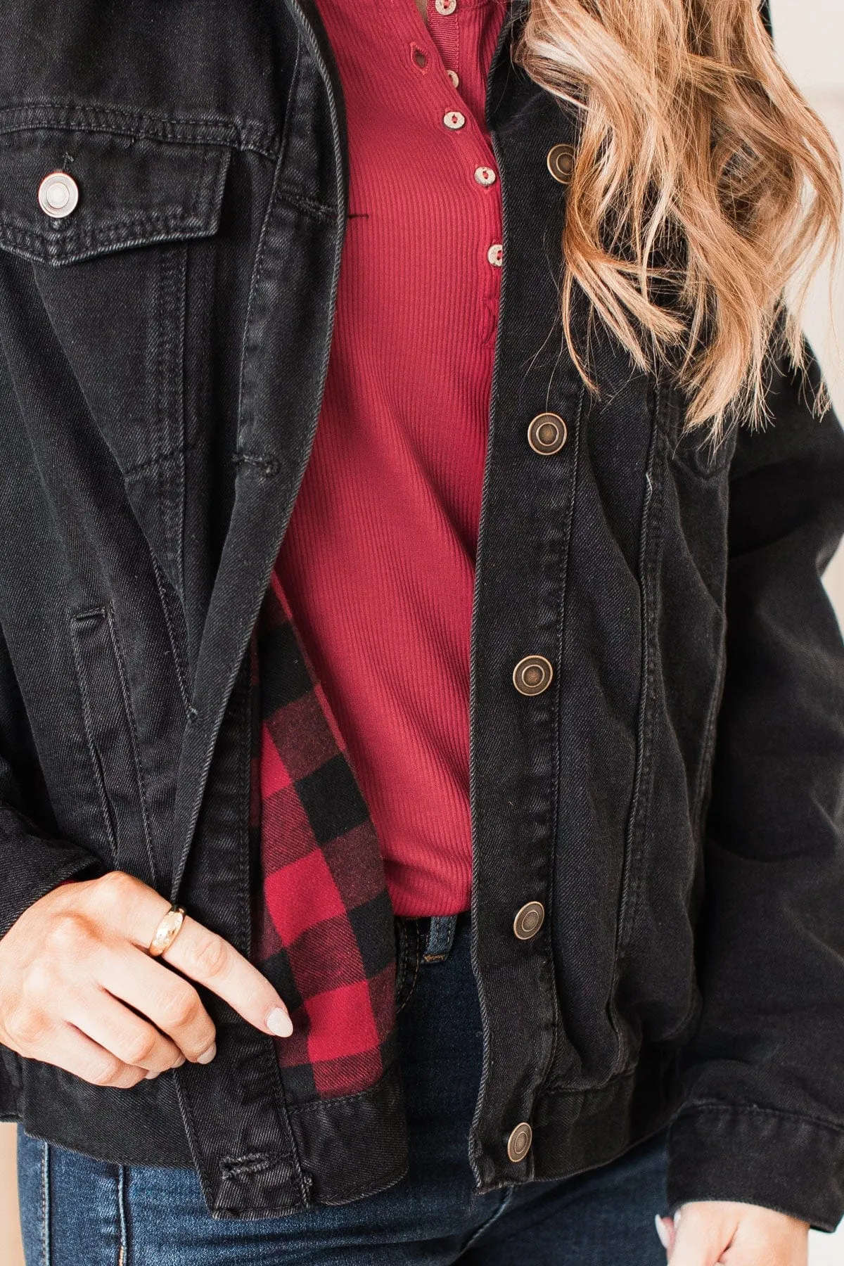 Change Of Seasons Denim Jacket- Black & Buffalo Plaid