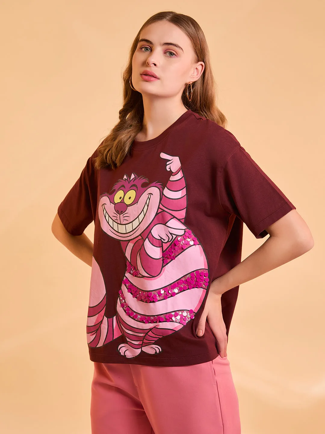 Cheshire Cat  Disney Printed T-Shirt With Sequin Work