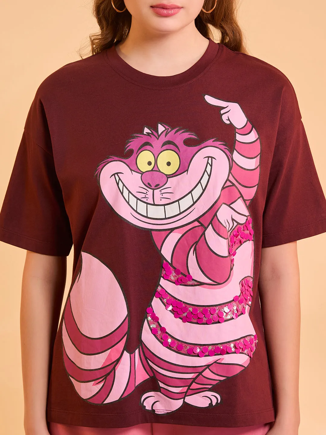 Cheshire Cat  Disney Printed T-Shirt With Sequin Work