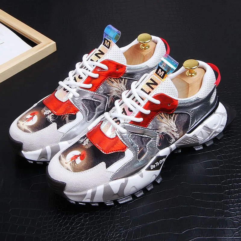 Chinese Style Men's Printed Thick Bottom Lace Up Breathable Sneakers Shoes