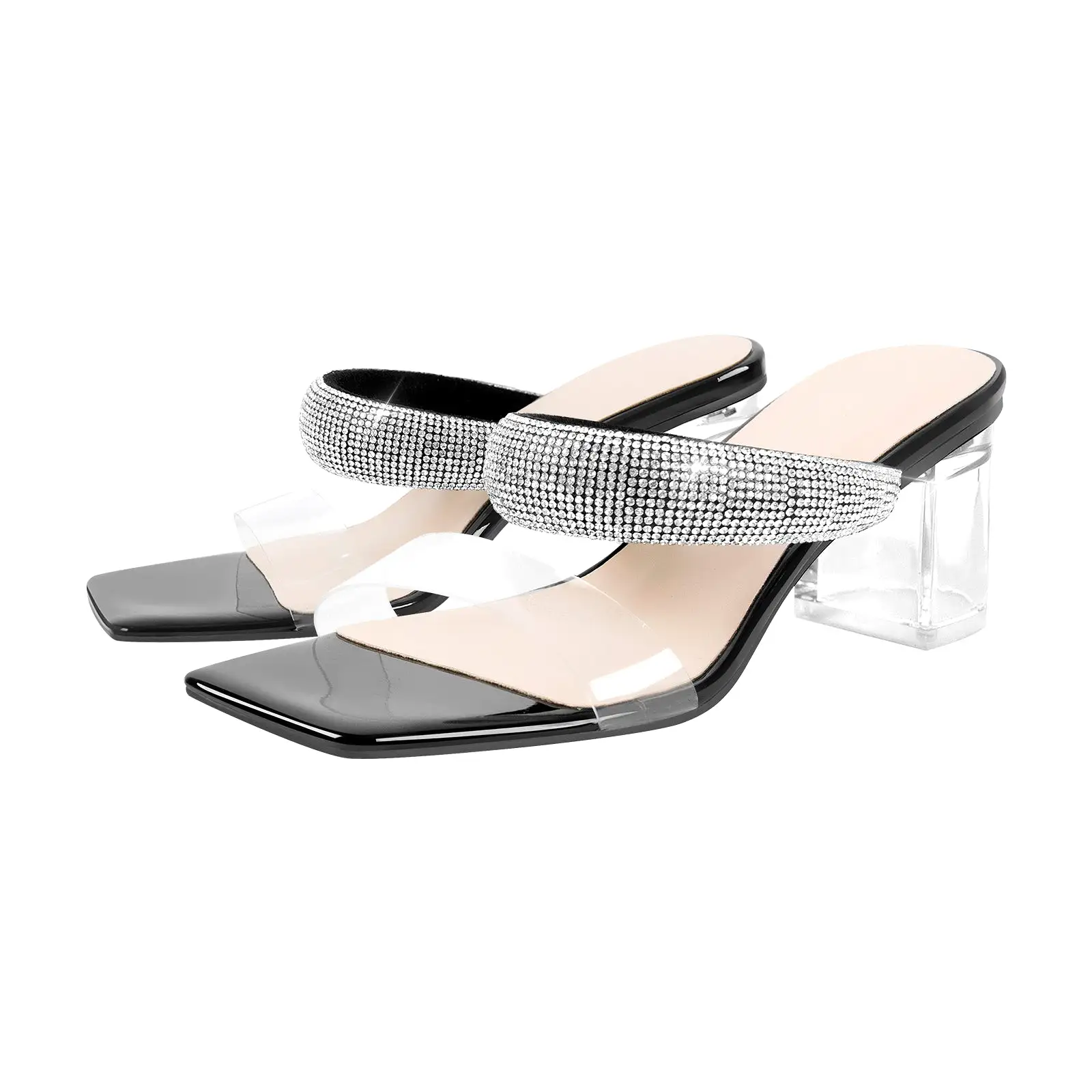 Clear Mid Block Heels Sliders Diamante Sandals