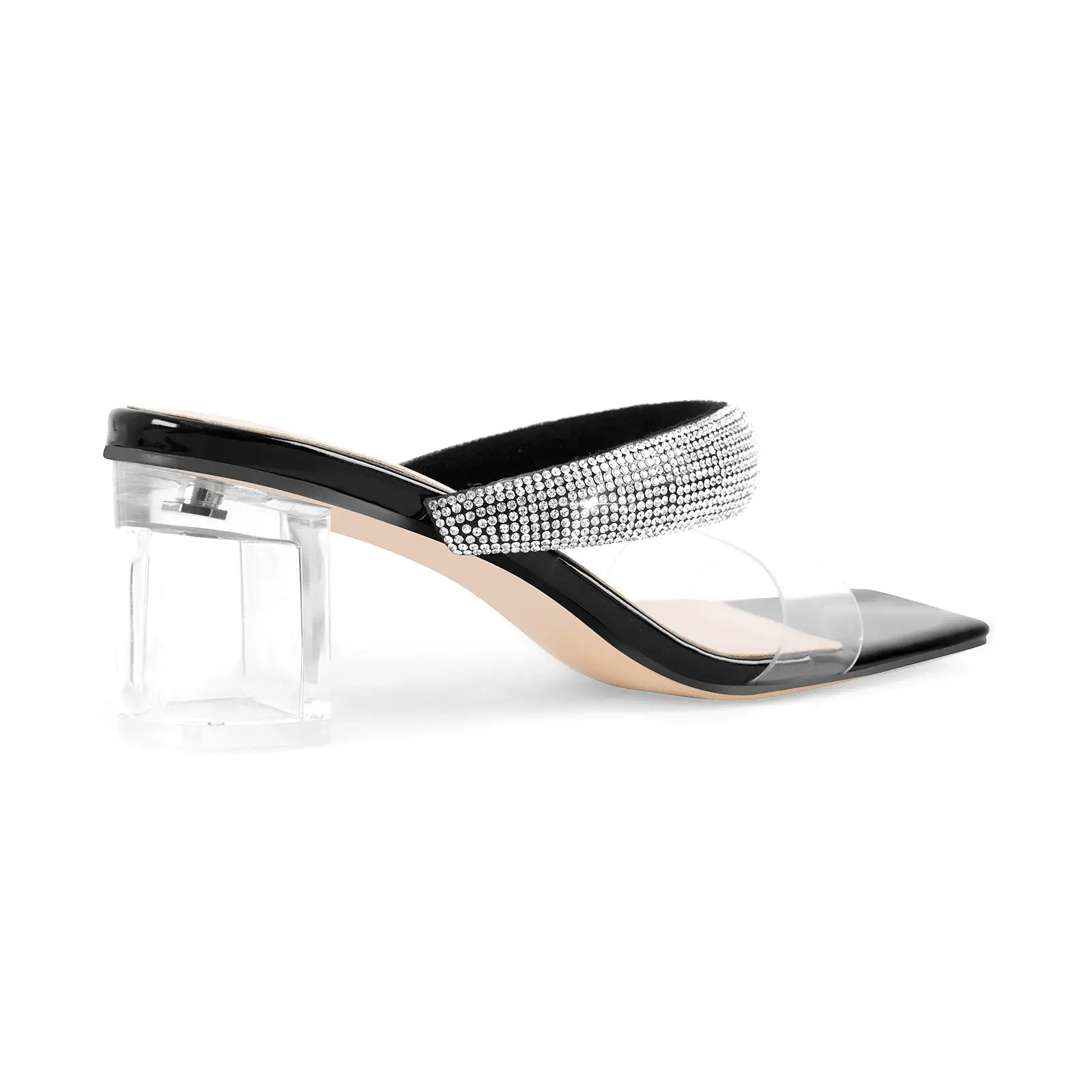 Clear Mid Block Heels Sliders Diamante Sandals