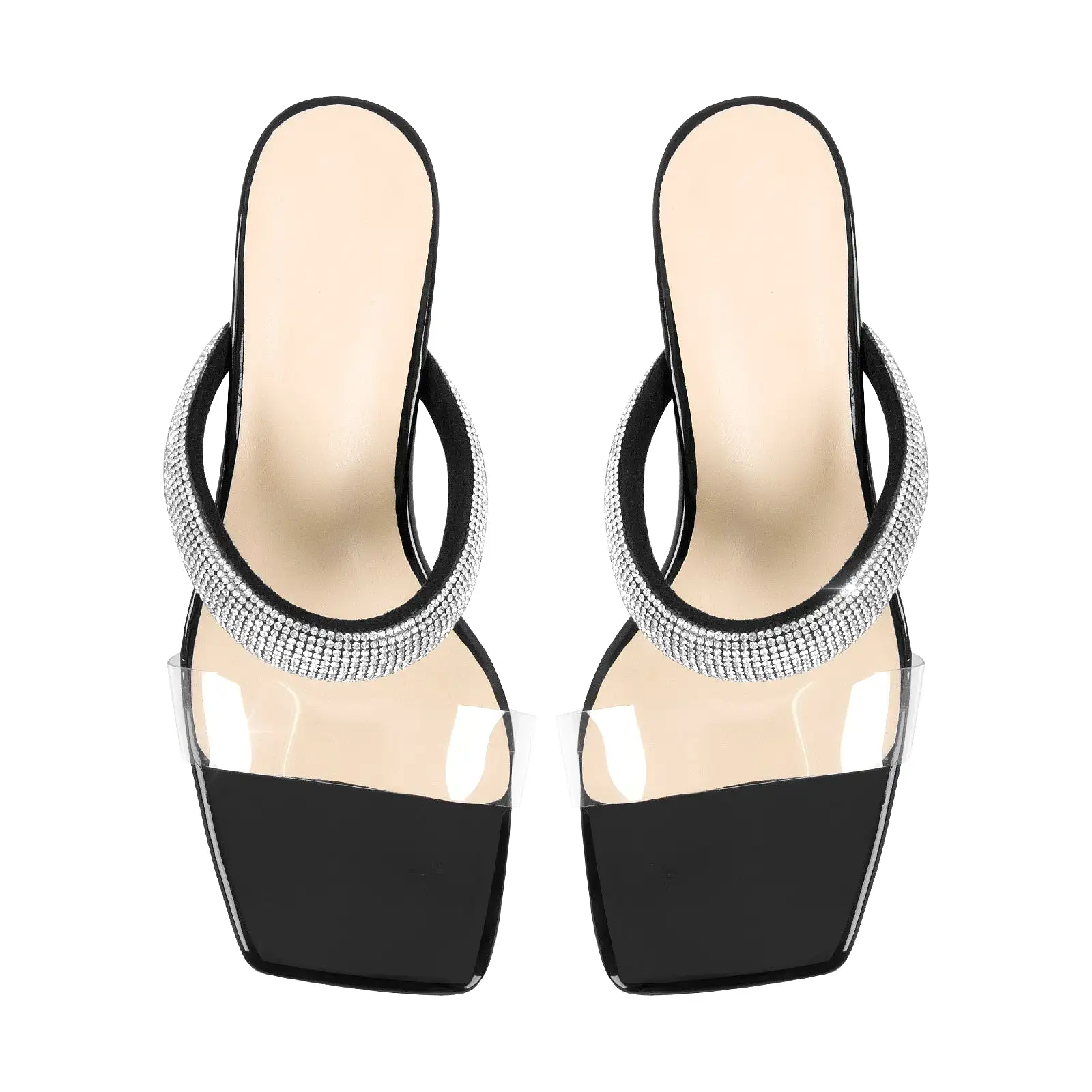 Clear Mid Block Heels Sliders Diamante Sandals