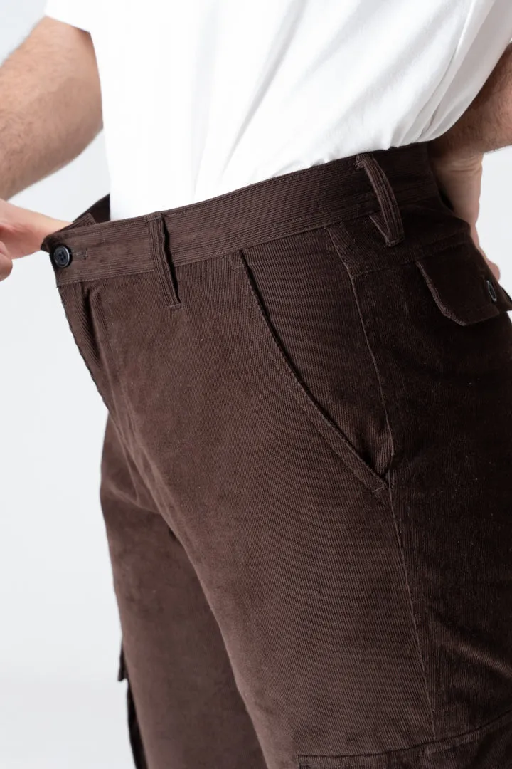 Coffee Brown Corduroy Stretch Cargo Pants