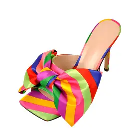 Colour Bow Leather Square Toe High Stiletto Heels Sandals