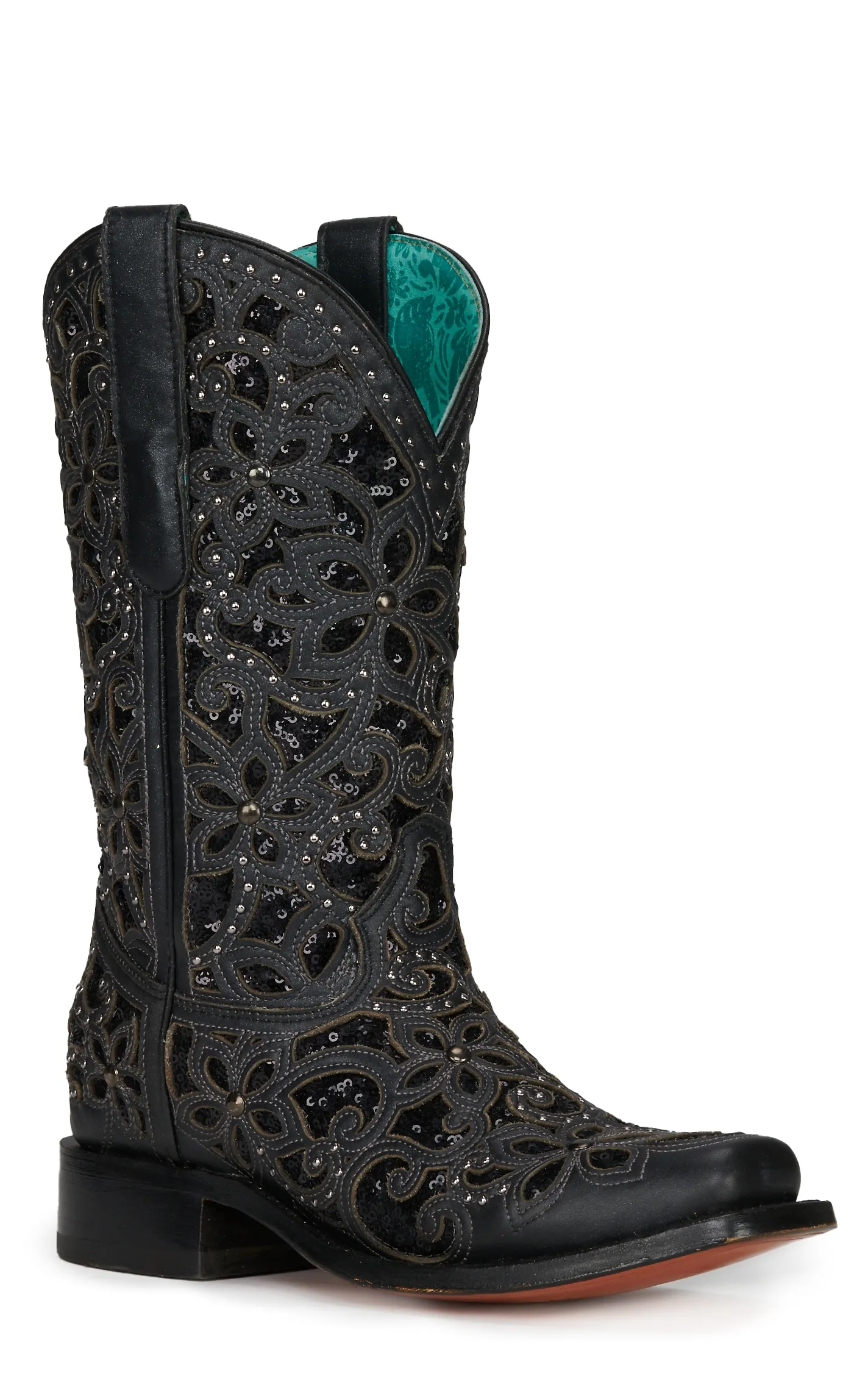 Corral Women's Black with Black Glitter Inlay and Studs Square Toe Cowboy Boot