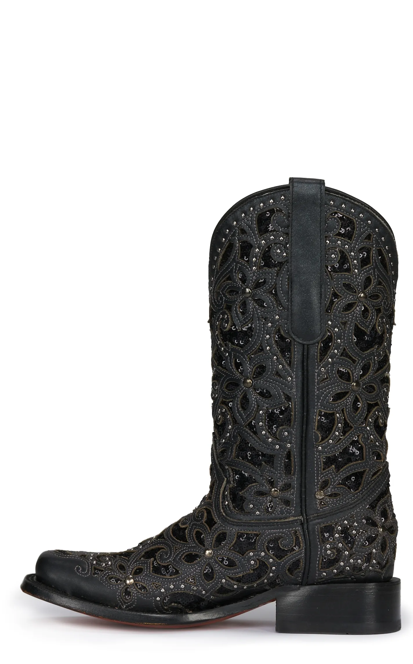 Corral Women's Black with Black Glitter Inlay and Studs Square Toe Cowboy Boot