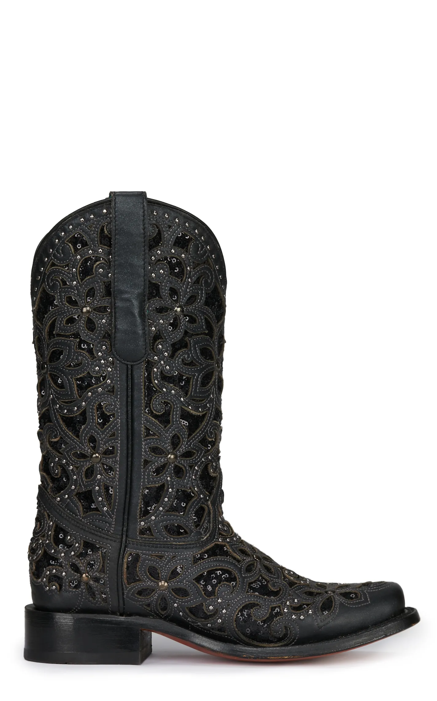 Corral Women's Black with Black Glitter Inlay and Studs Square Toe Cowboy Boot