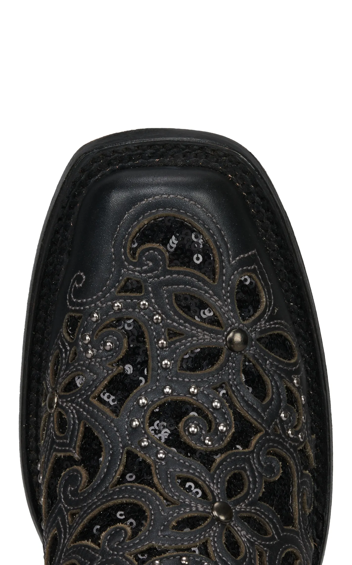 Corral Women's Black with Black Glitter Inlay and Studs Square Toe Cowboy Boot