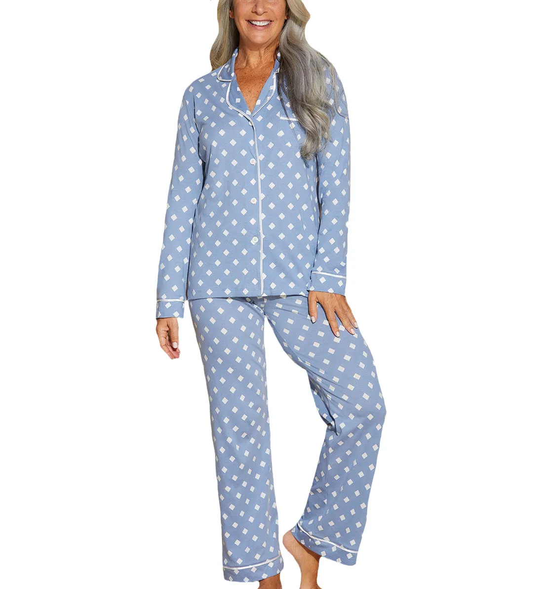 Cosabella Bella Print Long Sleeve Top & Pant PJ Set (AMORP9644) - Blue Diamond/White