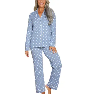 Cosabella Bella Print Long Sleeve Top & Pant PJ Set (AMORP9644) - Blue Diamond/White