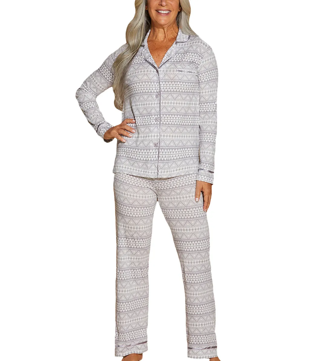 Cosabella Bella Print Long Sleeve Top & Pant PJ Set (AMORP9644) - Geo Dove Gray