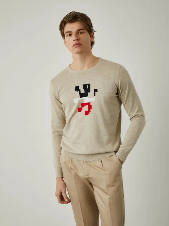 Cotton sweater with tricolor lion