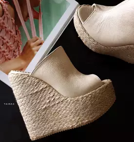 Cream Genuine Leather Espadril Heel Wedge Mules