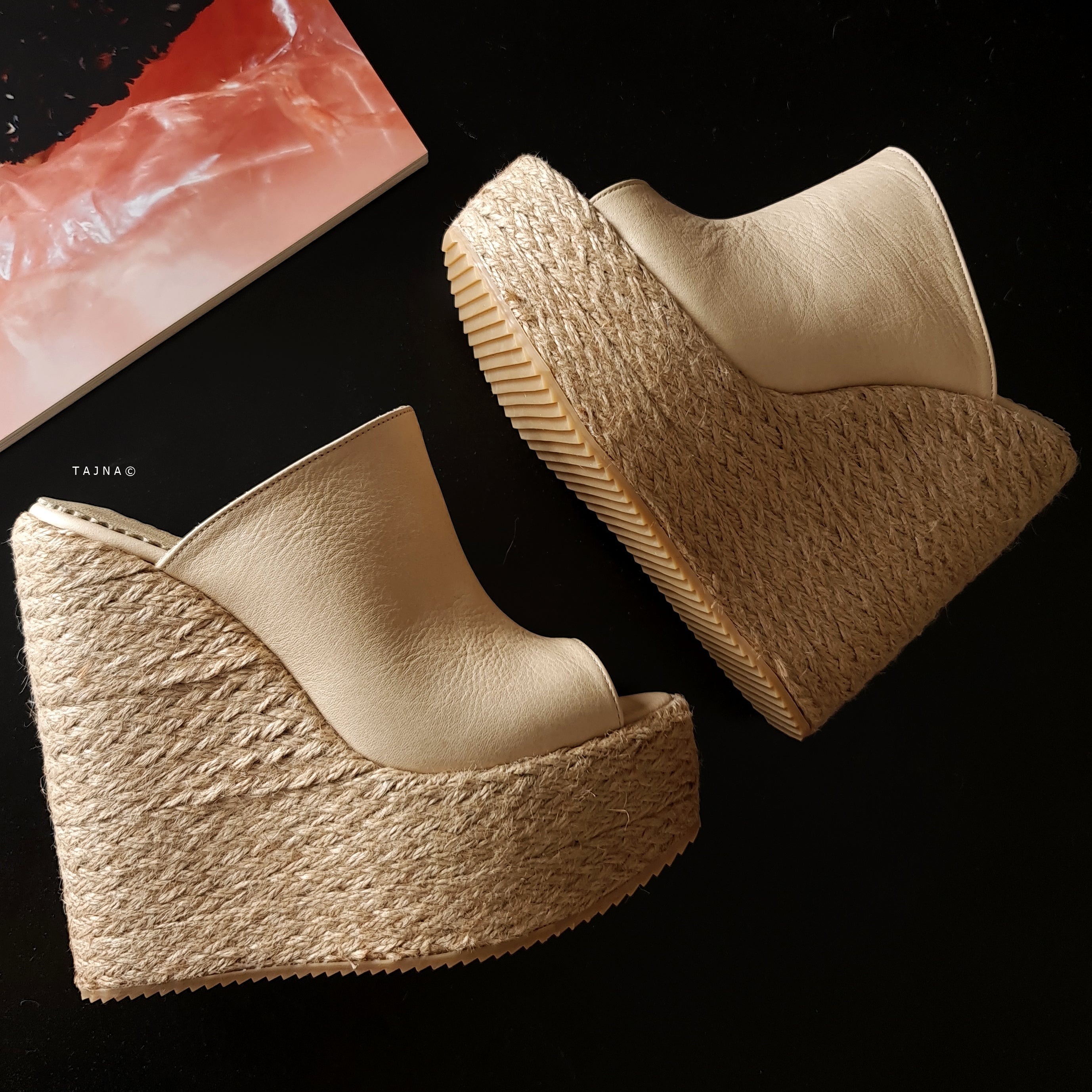 Cream Genuine Leather Espadril Heel Wedge Mules